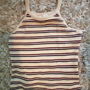 Knitted tank, off white with navy and maroon stripes.